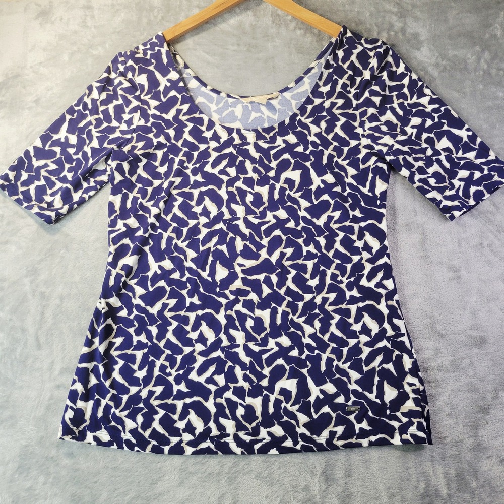 Banana Republic Womens Large Purple White‎ Abstract Scoop Neck Short Sleeve Top